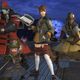 Image of Final Fantasy XIV characters posing with weapons against a dark blue sky. There is a tall, pale character with animal ears, a tan character with elven ears, a small character with a top hat, and a large male character with a red jacket and turquoise skin.